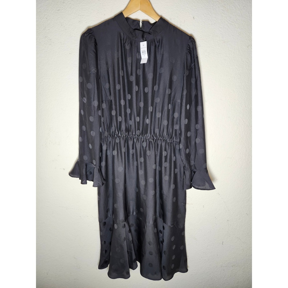 Ann Taylor Polka Dot Dress Women 14 Black Jacquard Mock Neck Ruffle Cuff Midi